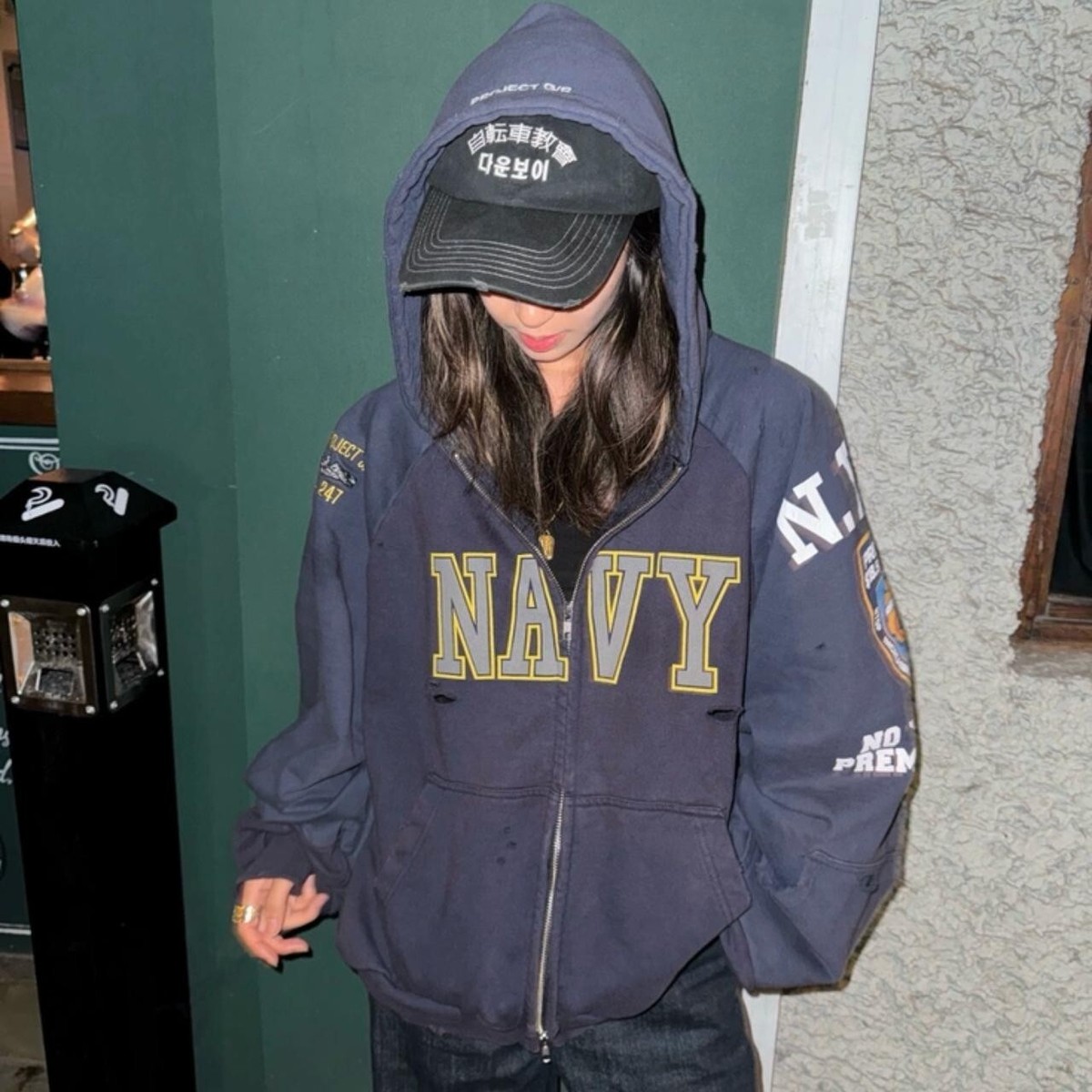 GR PROJECT G/R Navy Reconstructed Folded Zip Unisex Hoodie
