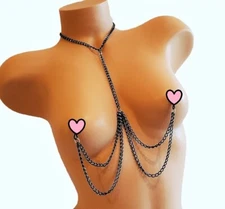 Non Piercing Black Nipple Chain Necklace Fake Nipple Rings Nipple Noose Jewelry