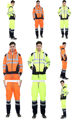 Herren Hi Vis Viz Vision Sicherheit Arbeitskleidung Hose Jogginghose Hose Hoodie Tops
