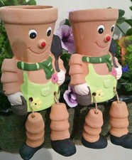 Set Of 2 Flower Pot Man Straw Hat Terracotta Bill & Ben Home Garden Ornaments