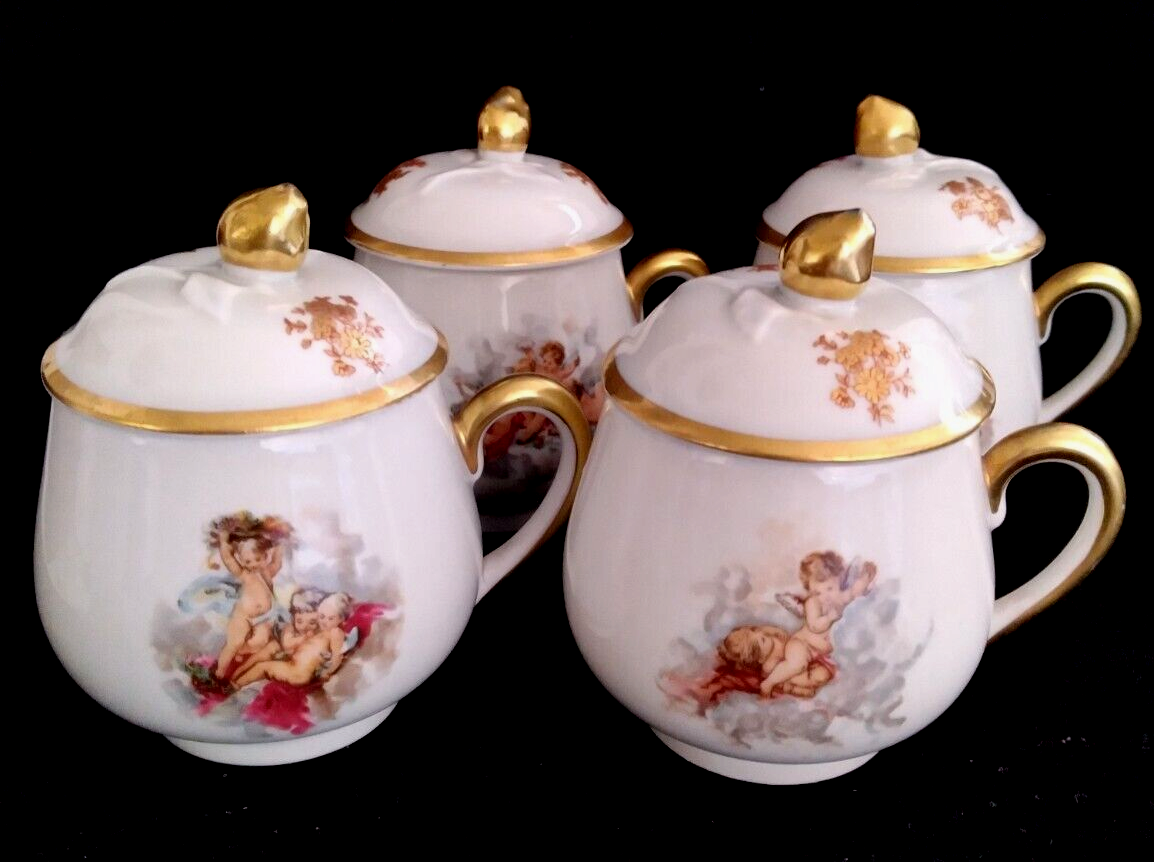 Set of 4 Limoges France Shabby Cherub Putti Cupid Decor Pots De Creme