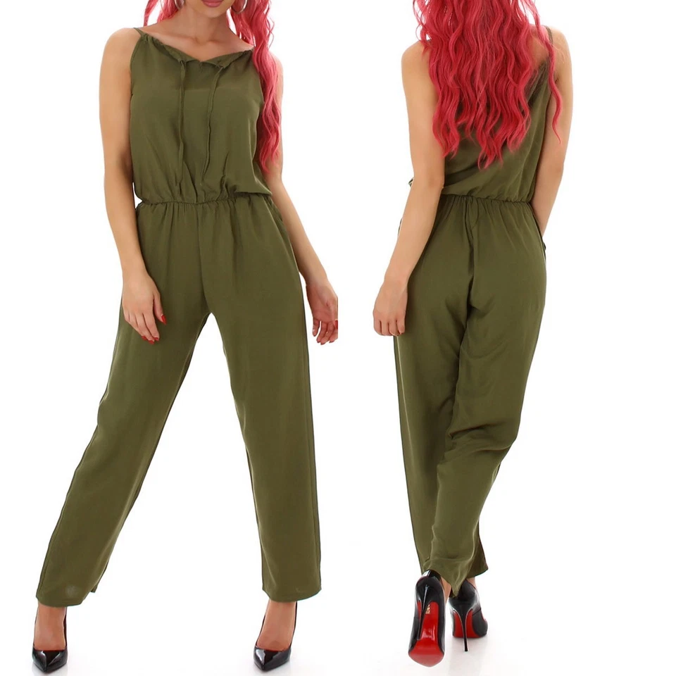 Damen Overall Onesie lang Jumpsuit Träger verstellbar Blumen Einfarbig Sommer - Bild 4 von 4