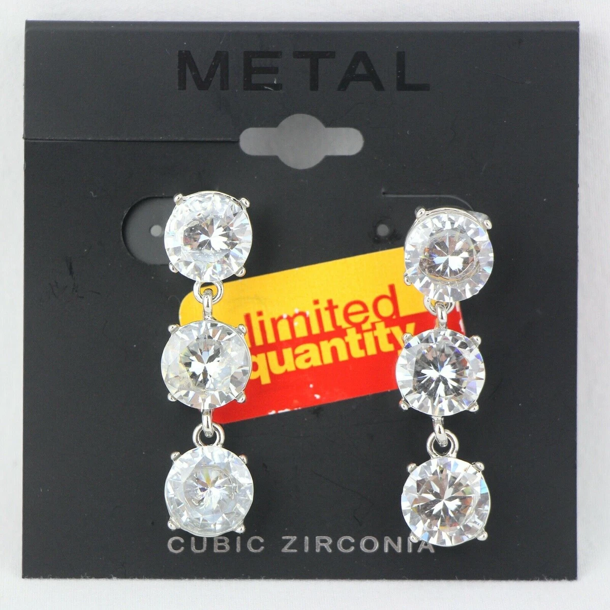 Metal Earrings 3 Tier Silver tone Cubic Zirconia Studs Dangles