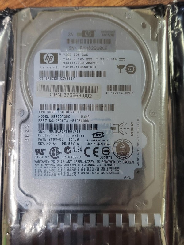 72 GB SAS HP DG072BABCE/MBB2073RC HDD 10K 32MB 2.5 " Internal Hard Drive New