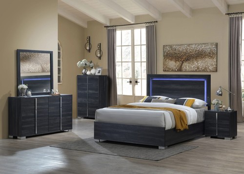 Modern King Size Bedroom Set 4pc LED Bed Dresser Mirror Nightstand Gray Finish