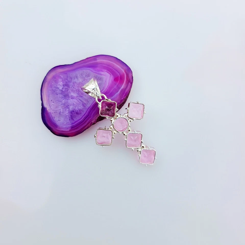 Rose Quartz Cross Pendant 925 Sterling Silver Handmade Gemstone Jewelry 2.20" - Image 3 of 4
