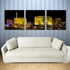 LAS VEGAS easy hang 3piece mounted MDF canvas wall art print/surpassed stretched