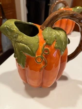 Water Serving Pitcher Harvest Pumpkin Decorative Orange Green Leaf Decor 9.5"H