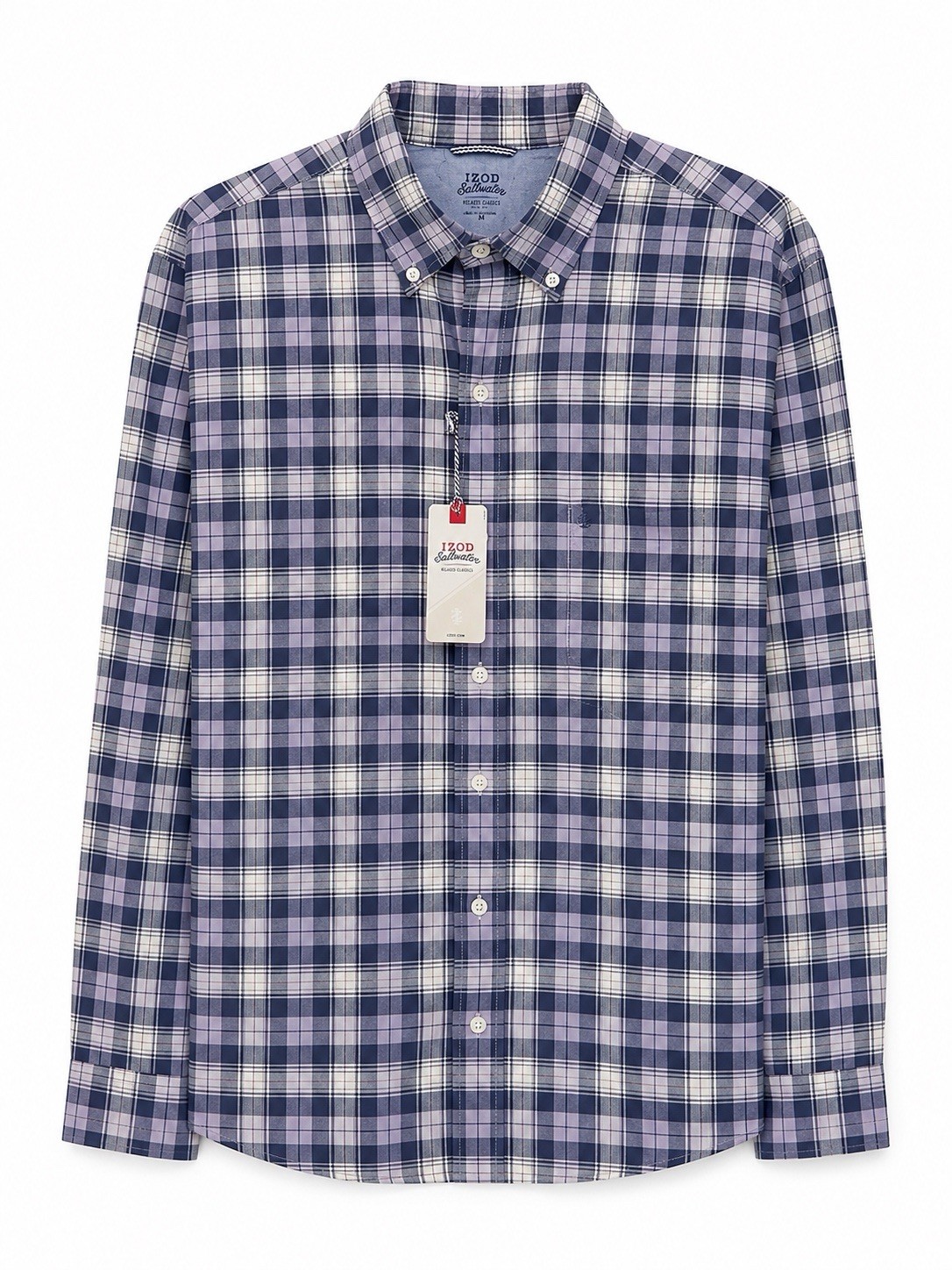 IZOD Saltwater Plaid Button Down Shirt Mens Medium Blue Purple Cotton NWT image 2