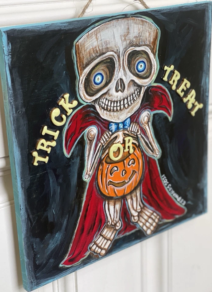 Letrero de madera original de Halloween pintura acrílica esqueleto truco o trato 10x10 Foto 2 de 4
