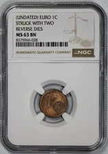 Undated Euro 1c Cent Error Struck with Two Reverse Dies NGC MS 63 BN Brown