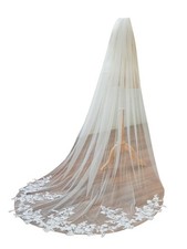 Chapel Length Floral Lace Wedding Bridal Veil with Metal Comb White