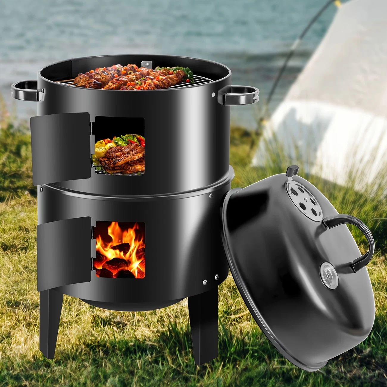 Portable BBQ Smoker for Smoking, 16 Inch 3-Tier Vertical Charcoal Smoker Grill