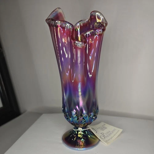 VTG Fenton Lily of Valley Cranberry Ruby Carnival Glass Handkerchief Art Vase