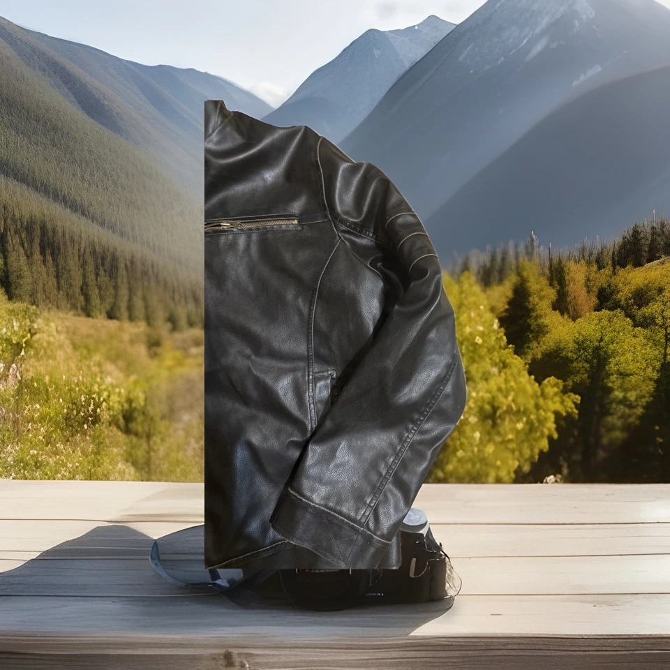 复古 Guess 男式黑色真皮摩托车夹克绗缝衬里 XL 码 — 第 2/4 张图片