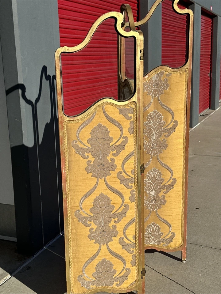 Vintage French Tapestry 3 Panel Room Carved Wood Divider/Screen Glass Window - Image 3 of 4