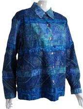 AMAZING Chico's Sz 2 L Art Blues Greens Vibrant Silk Patchwork Blazer Jacket