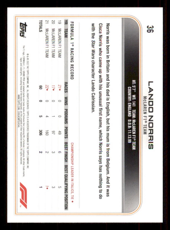 2022 Topps Formula 1 #36 Lando Norris - Image 2 of 2