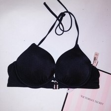Victoria Secret Swim Bikini Top 34A Bombshell Push Up Solid Black Underwire
