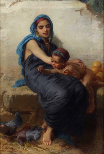 Guido Bach Huge Fine Antique Orientalist Oil Painting Woman Child Birds Signed - 第 1/12 張圖片