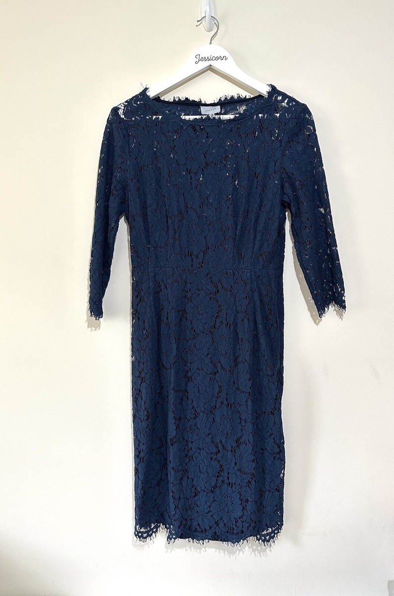 Jigsaw Size 12 Navy Blue Lace Floral Overlay Dress Wedding Guest Ascot