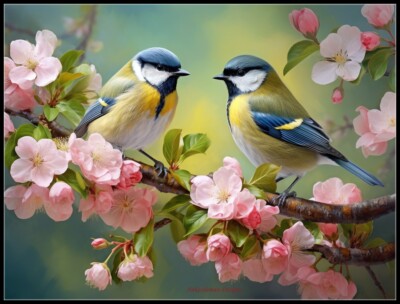 Birds and Apple Blossoms - Counted Cross Stitch Patterns - Color & BW Symbols
