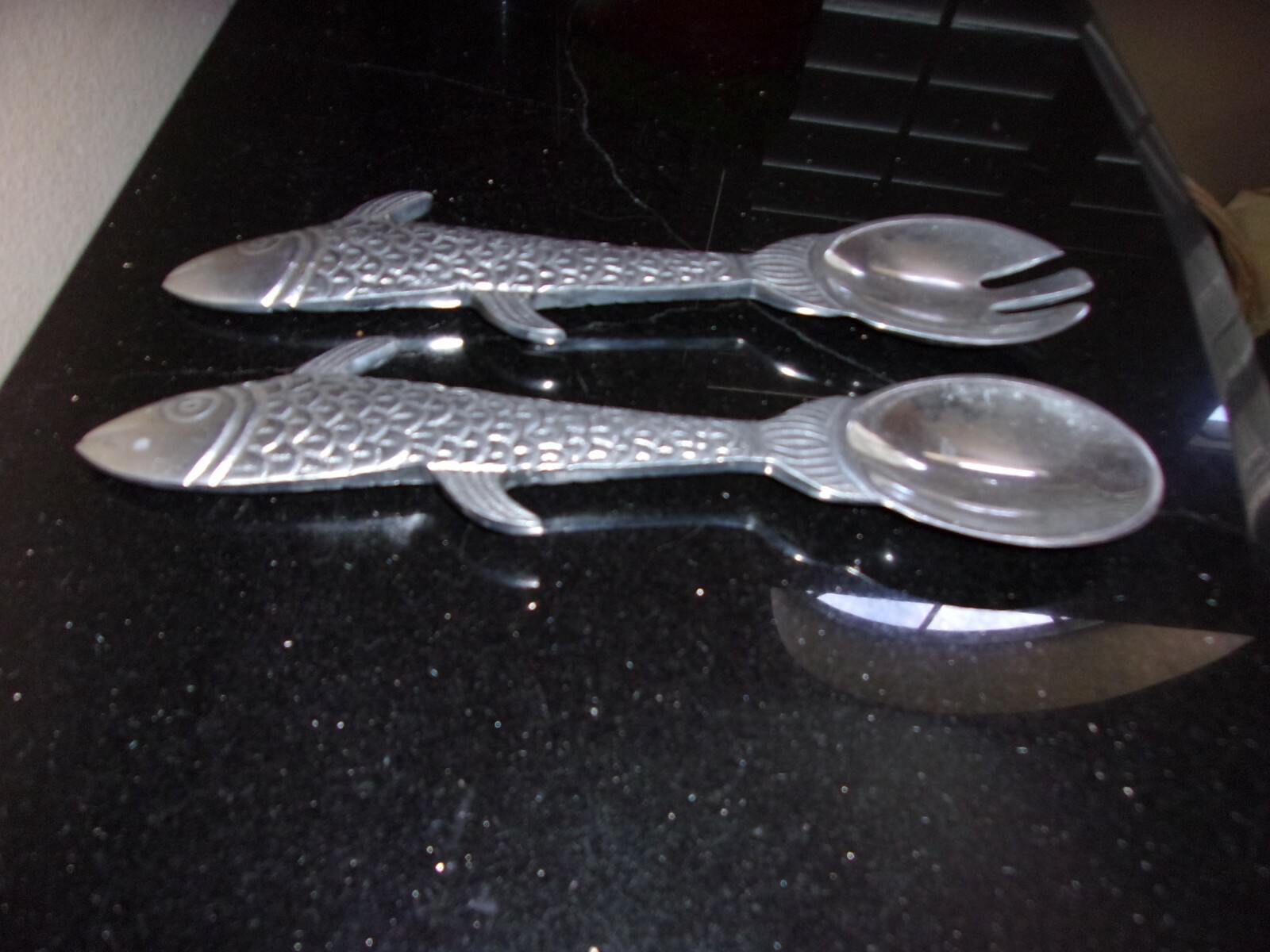 Pewter Salad Fork and Spoon Serving Set Fish Motif NEW! Never Used