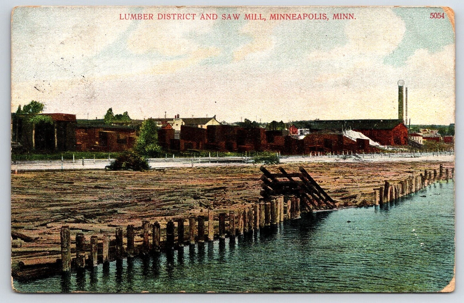 Original Old Vintage Postcard Lumber District Saw Mill Minneapolis Minnesota USA
