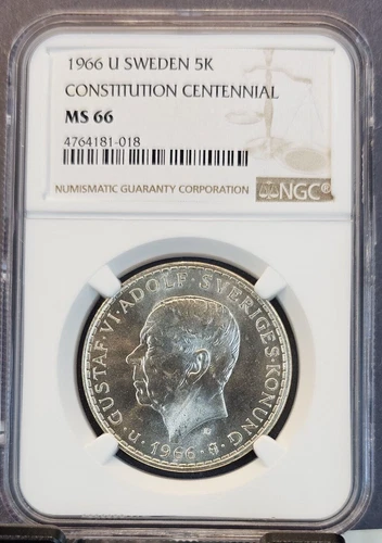 1966 SWEDEN SILVER 5 KRONOR 5K CONSTITUTION CENTENNIAL NGC MS 66 BRIGHT GEM BU