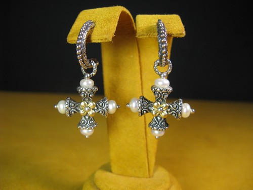 BARBARA BIXBY MALTESE CROSS PEARL HOOP EARRINGS SS 18K FLOWER CARVED Gift
