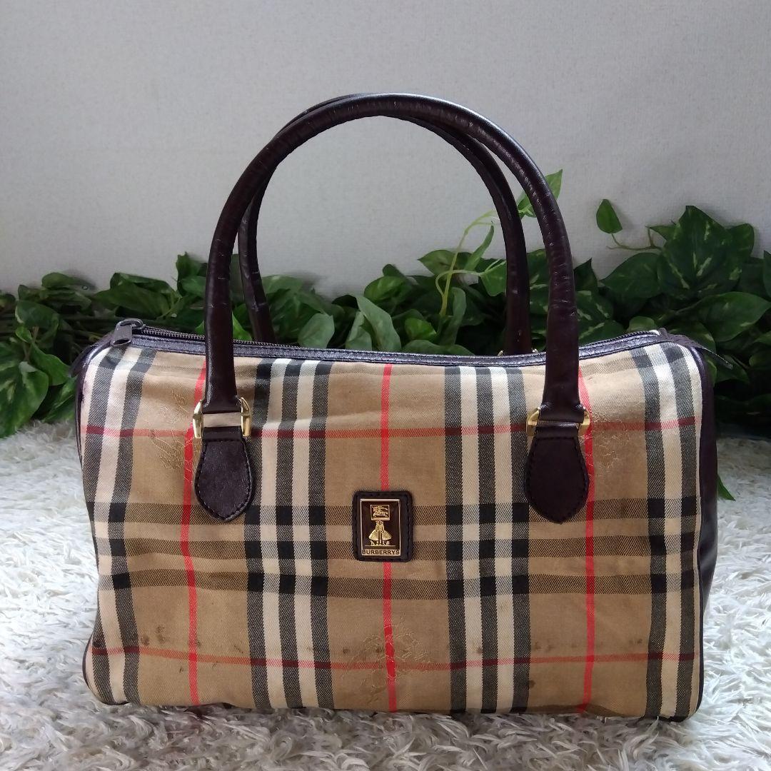 Burberry Mini Boston Bag Nova Check Beige Brown Leather Used Burberry Mini Boston Bag Nova Check Beige Brown Leather Used