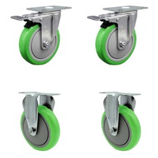 5 Inch SS Green Polyurethane Top Plate Caster Set 2 Lock Brake 2 Rigid SCC