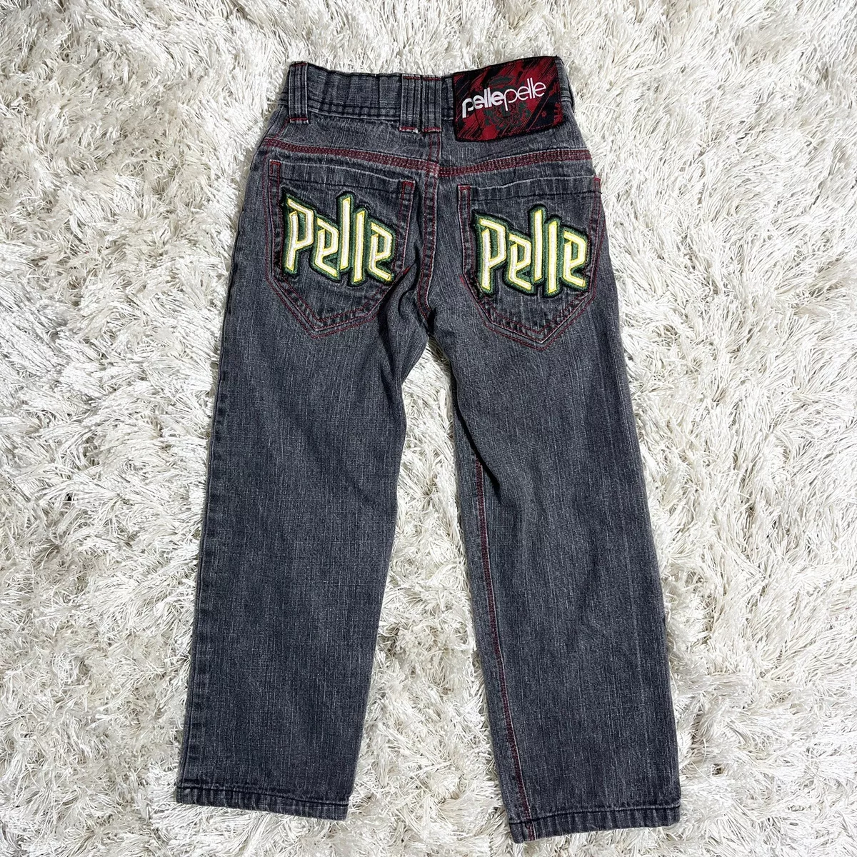 Pelle Pelle Embroidered Black Denim Red Stitch Straight Leg Baggy Jeans Boys 6