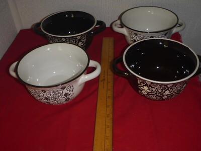 4 Personal Crock Pot 30 Oz Ceramic Soup Serving Bowls Black White Floral Design