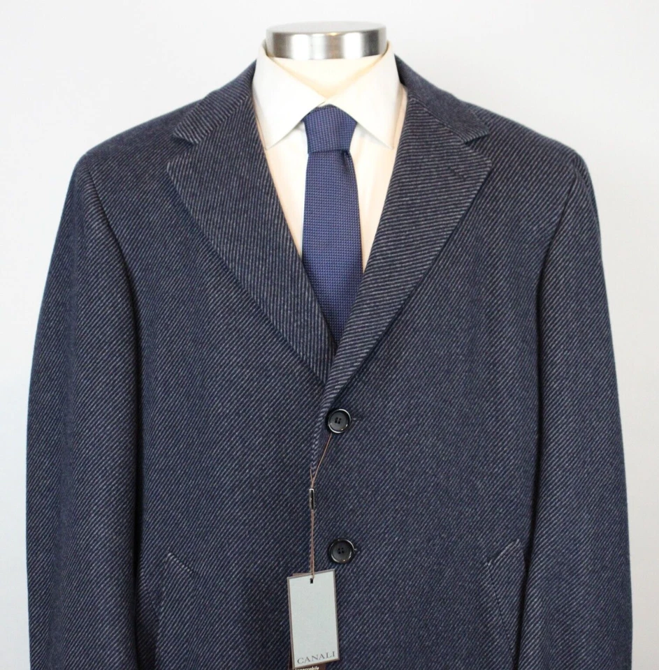 Canali Kei Coat 50 R (60 EU) Mens Navy Grey Stripe Cashmere Modern Fit NWT $2965 - Image 3 of 4