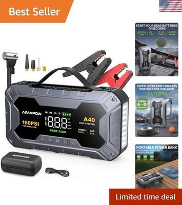8000A 160PSI Jump Starter with Air Compressor, 12V Car Battery Jump Starter P...