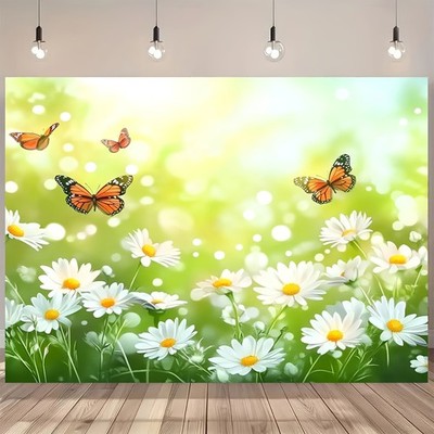 1pc Vibrant Spring Scenery Backdrop with Butterflies & Daisy Flowers - 100% Po