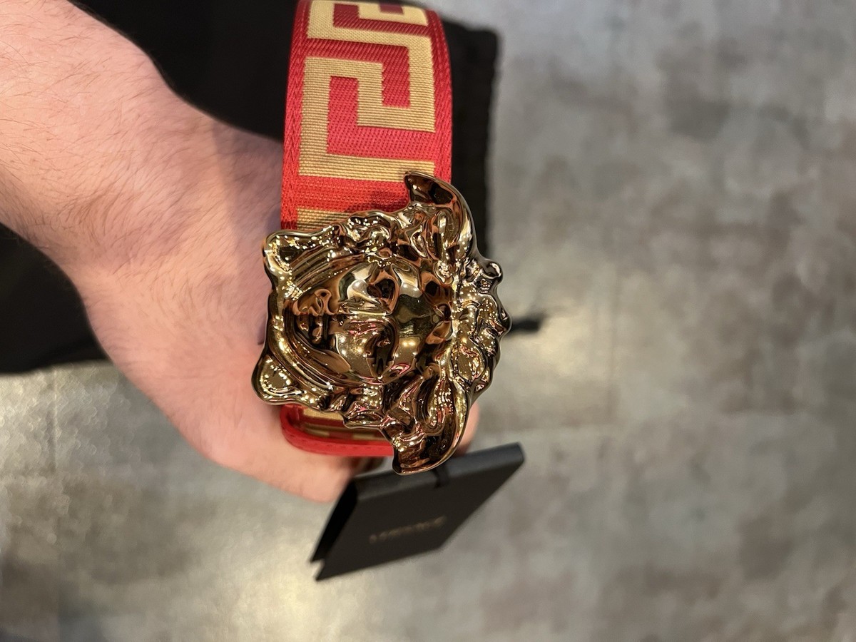 Versace Medusa-Buckle Greca Calf Leather Red/Gold Belt 85 (34