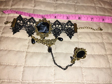 Black Lace with Fabric Flower Jewelry.Bracelet attached Ring. adjustable #7