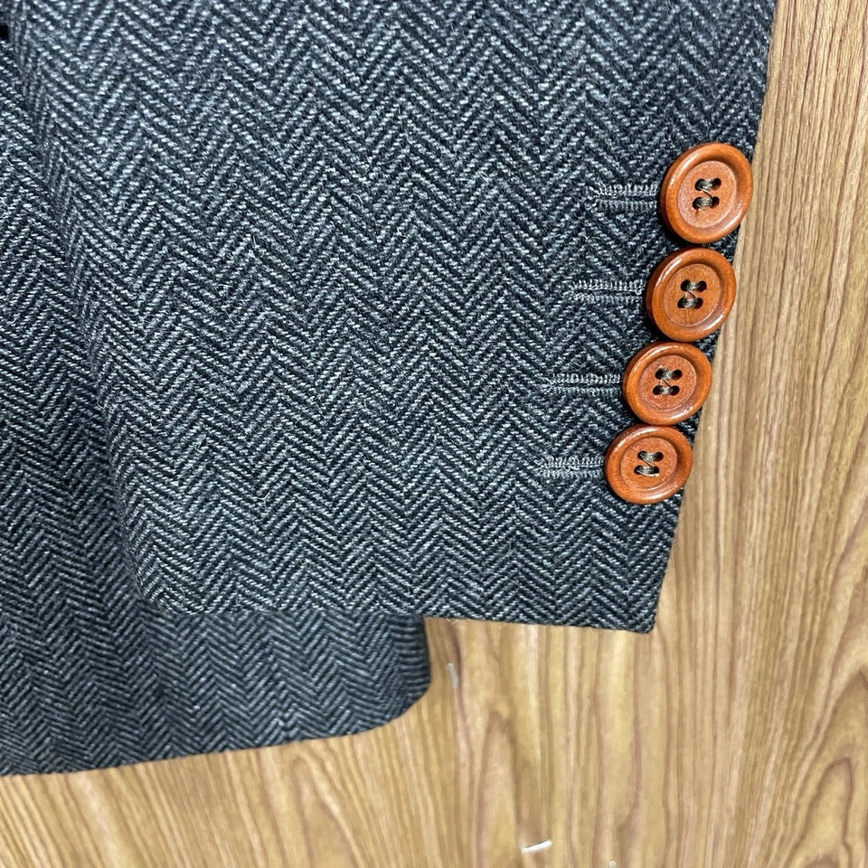 Terno masculino 3 peças 34S 30x31 cinza espinha de peixe tweed lã dupla ventilação colete calças - Imagem 3 de 4