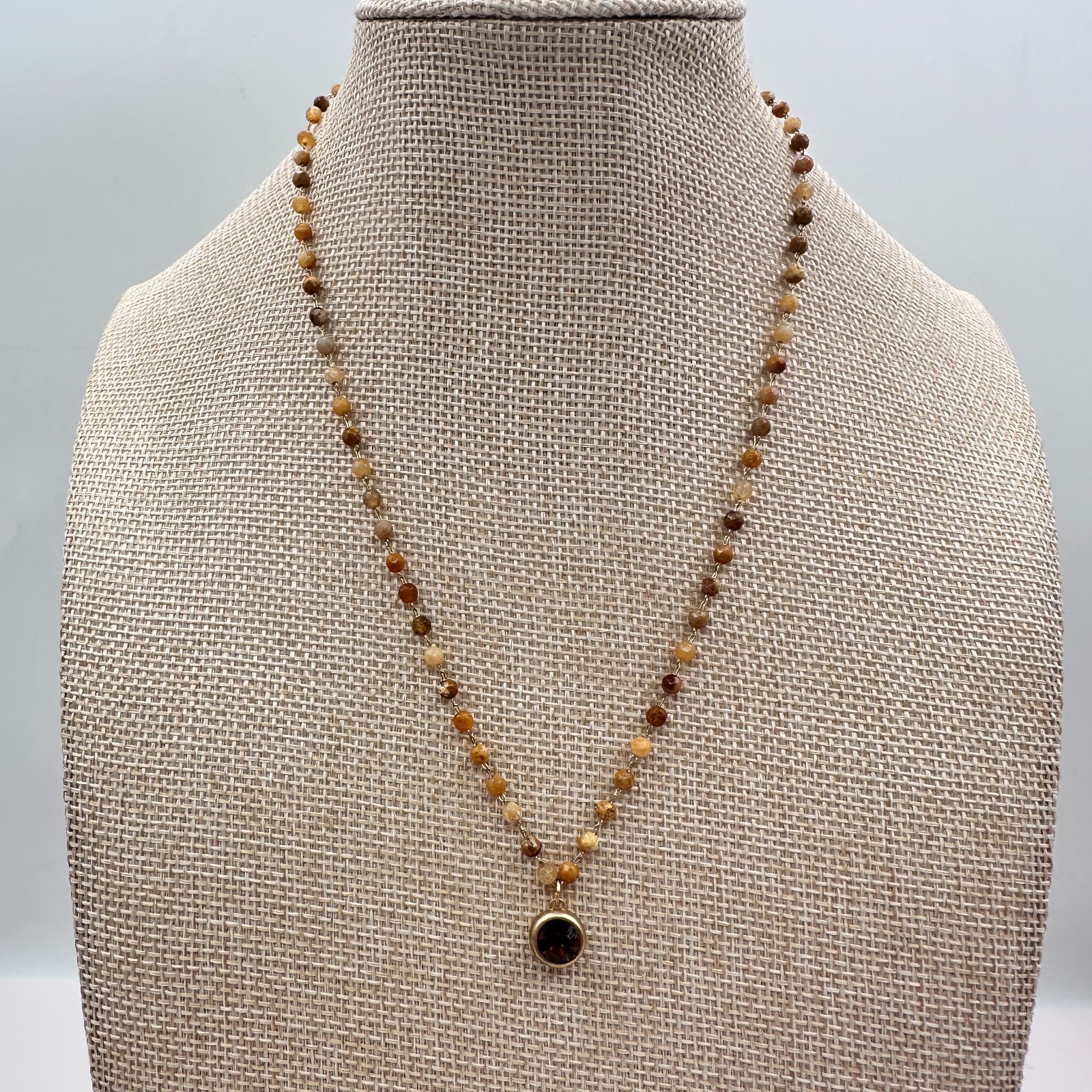 Vintage 90s Gold Tone Beaded Pendent Necklace Rhinestone Boho Women's Jewelry