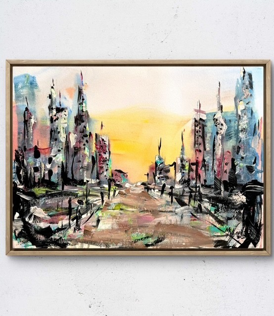 Maria Art SUNSET CITY 11x15 Watercolor Paper Original Abstract Modern Wall Decor