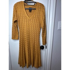 JH Mustard Yellow Cable Knit Fit and Flare Sweater Dress V-Neck Long Sleeve M