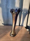 Fenton Fluted Cobalt Blue Iridescent Carnival Glass Swung Vase 9”