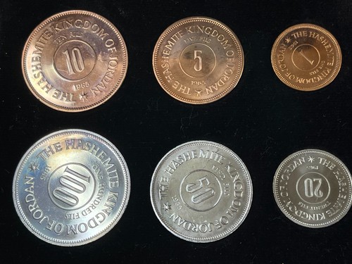 1965 Jordan 1 to 100 Fils 6 Proof Coins Set Original Olive Wood Package Box RARE