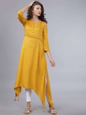 Women Mustard Yellow Rayon Kurta A-Line Tunic Indian Dress Eid Diwali Boho