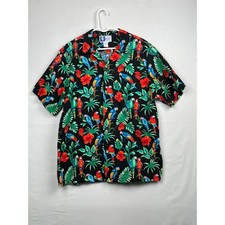 Styled by RJC Hawaiian Shirt Mens XL Parrot Floral Tropical Black Made in USA