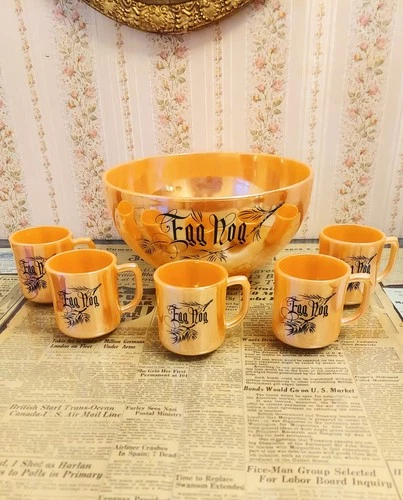 Vintage Fire-King Peach Luster Egg Nog 6 Pc Set, Bowl & 5 Mugs 1950s - EXCELLENT
