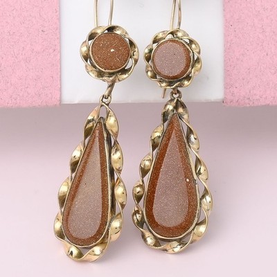 Antique Victorian 2'' Goldstone Glass Gold Filled Pendant Dangle Drop Earrings