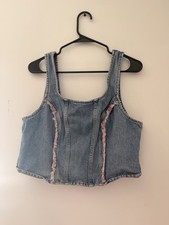 Lee Denim Zip-Front Bustier Corset Top XL Blue/Pink Ruffle Zipper